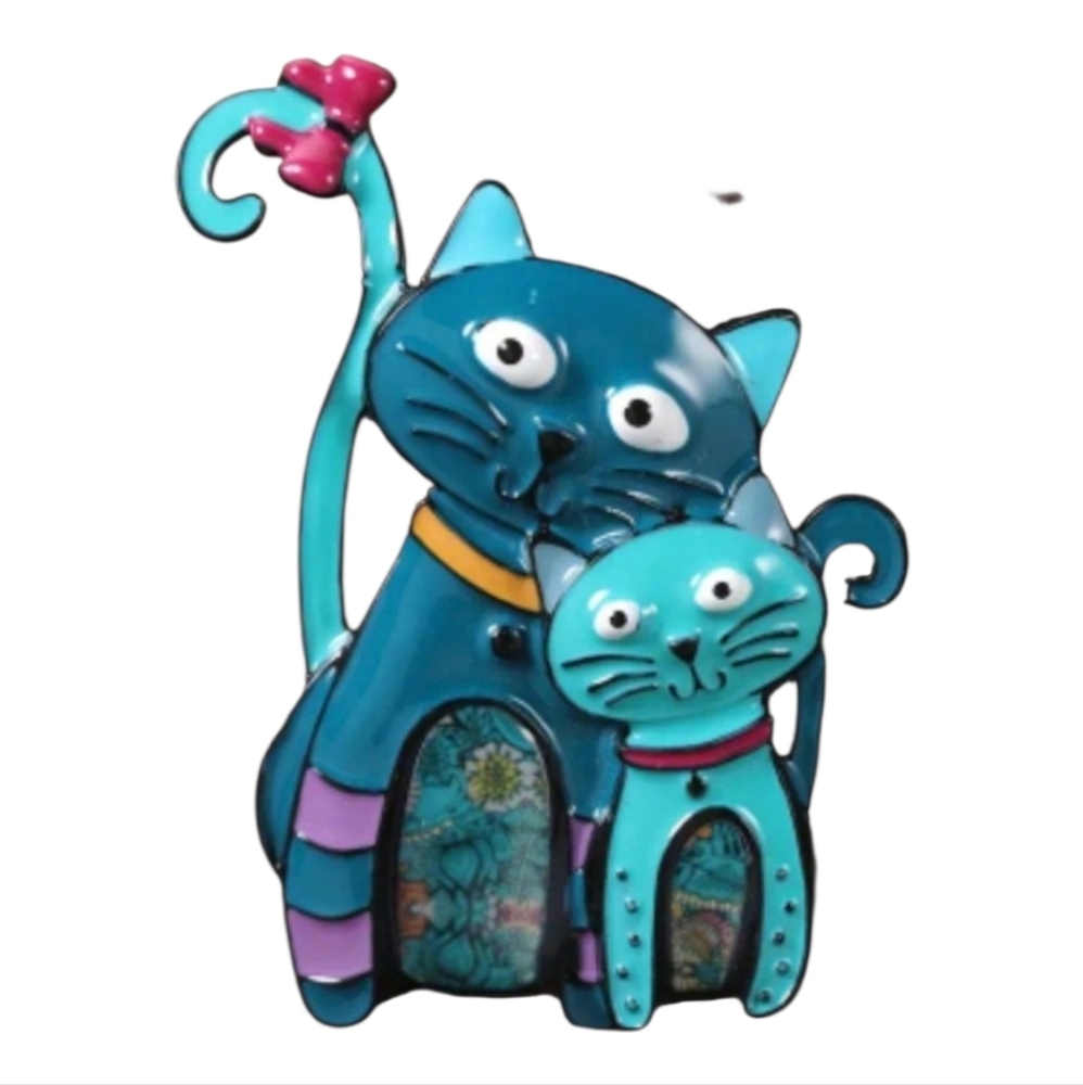 Cat Kitty With Bow Enamel Metal Brooch Pin, Teal Blue